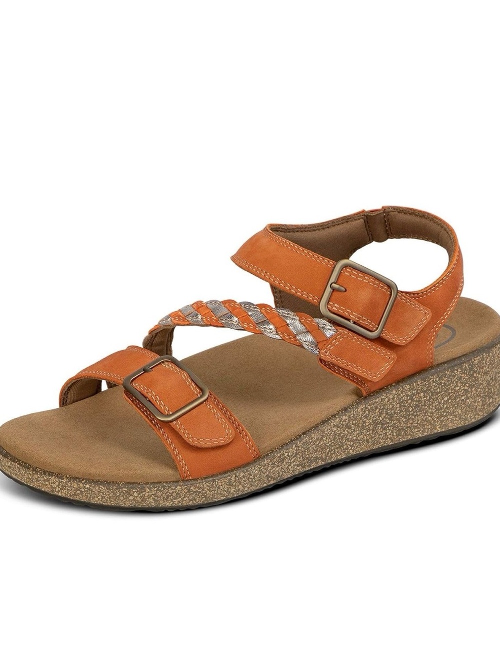 Orthofeet Orthopedic Chloe Orange Adjustable Leather Wedge Sandal 7 Wide Toe Box - Picture 2 of 15